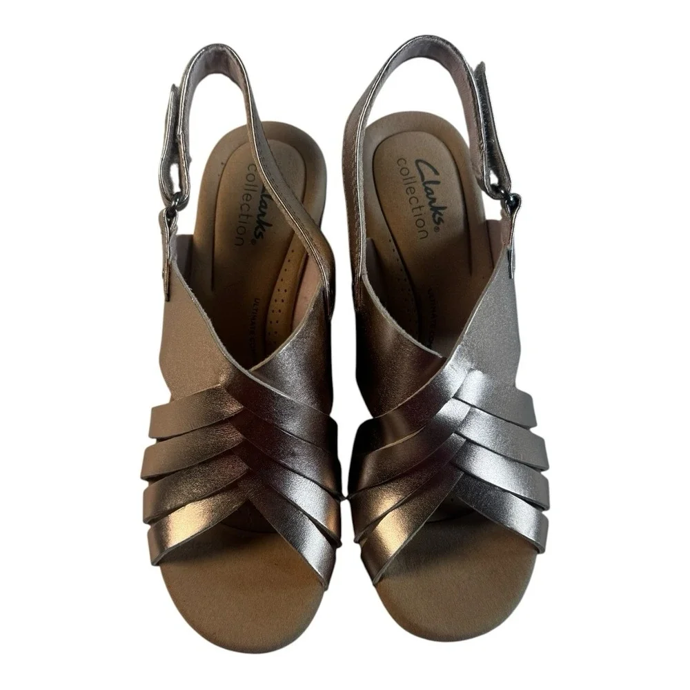 Clarks Collection Womens Metallic rRose Strappy Cork Wedge Sandals 7.5 M